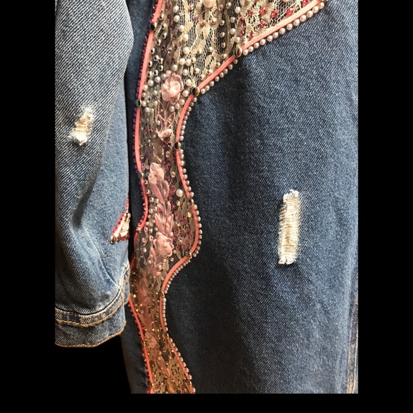 Pink Crystal Pearl Flower Embellished Distressed Jean Duster - Picture 5 of 14